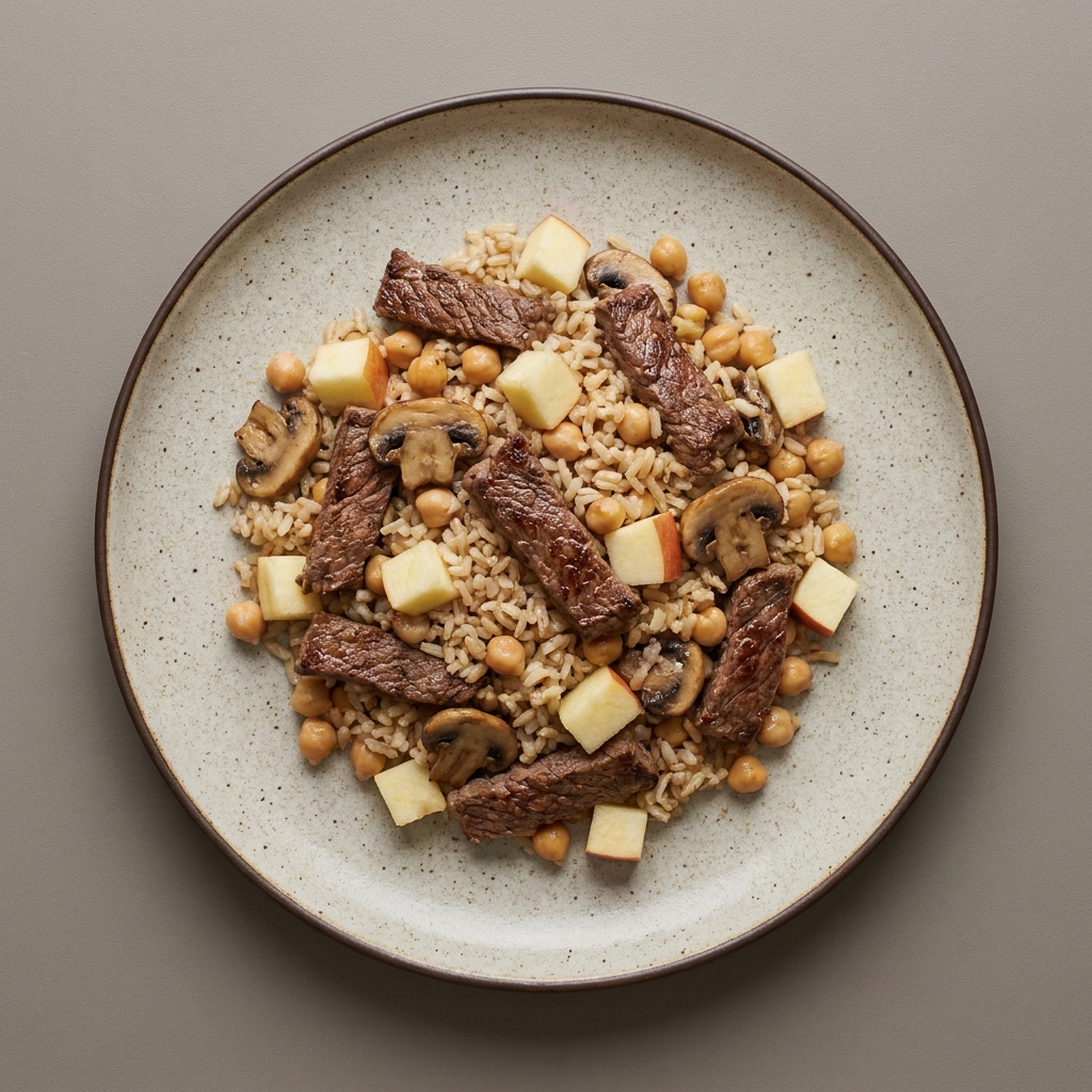 Bowl agridulce de arroz con arrachera, champiñón, garbanzo y manzana