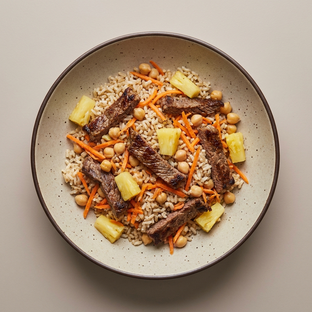 Bowl de arroz con arrachera, zanahoria, garbanzo y piña