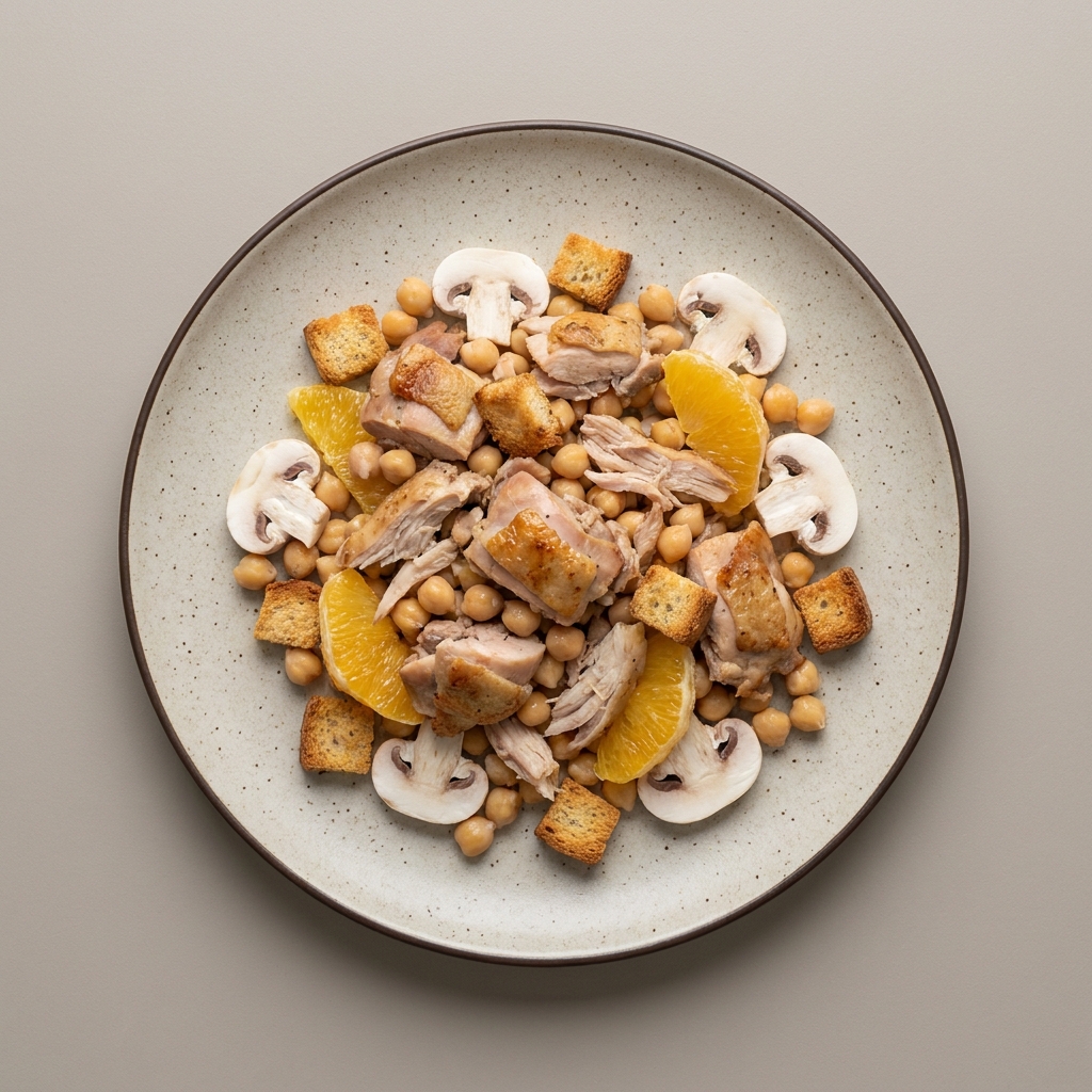 Ensalada de pollo con champiñón, garbanzo, croutones y naranja