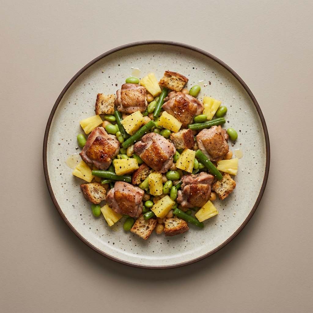Ensalada de pollo con ejote, garbanzo, croutones y piña picada