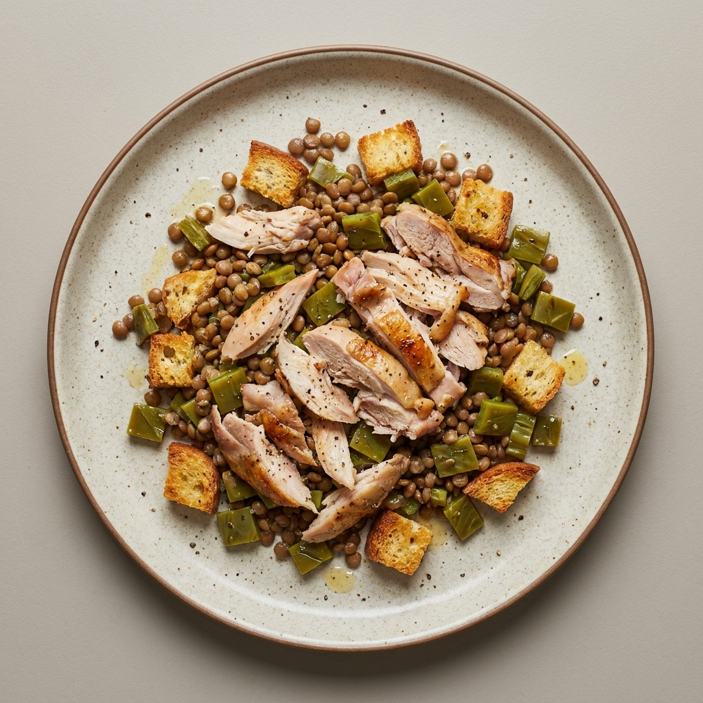 Ensalada de pollo con nopal, lenteja y croutones