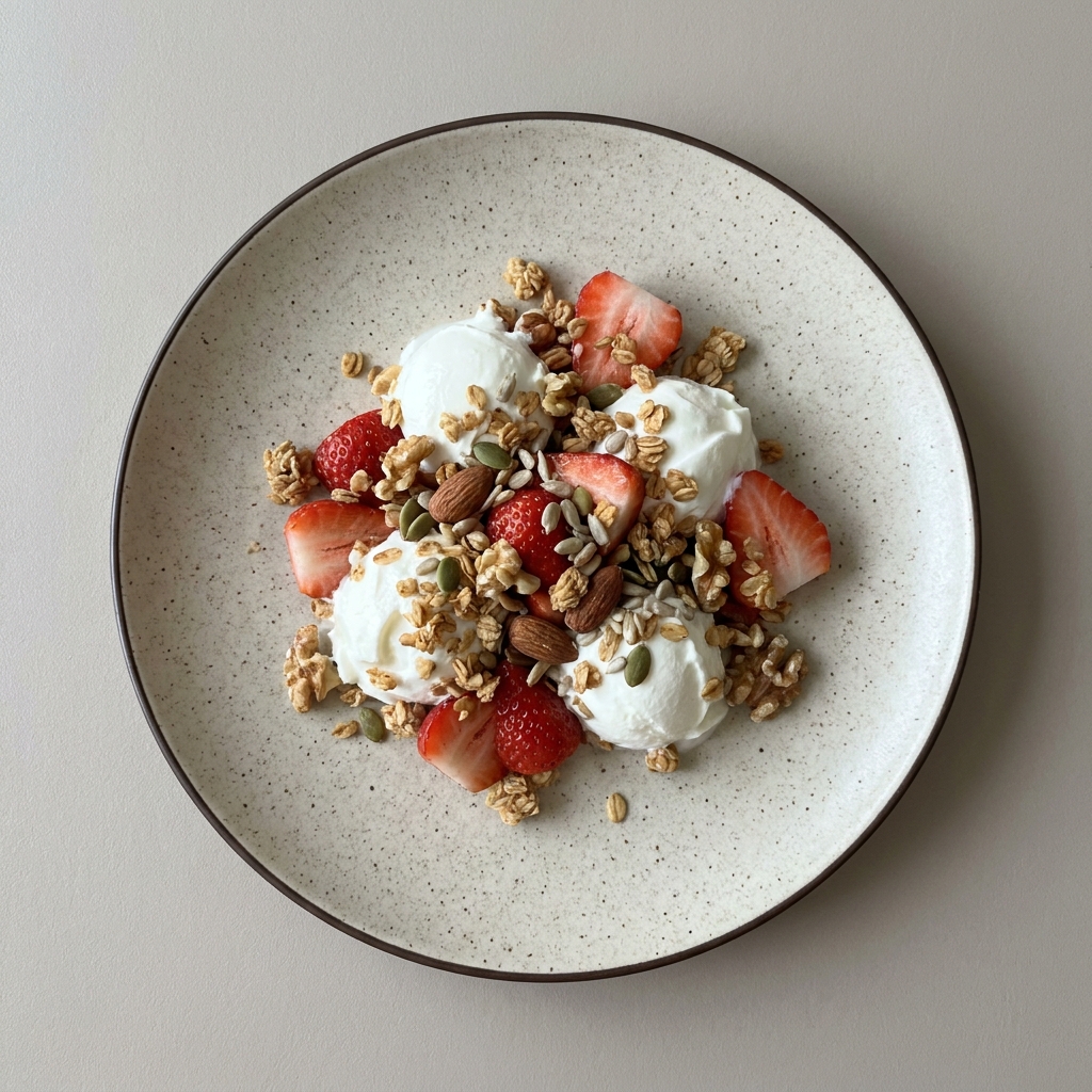 Queso cottage con fresas, granola y frutos secos