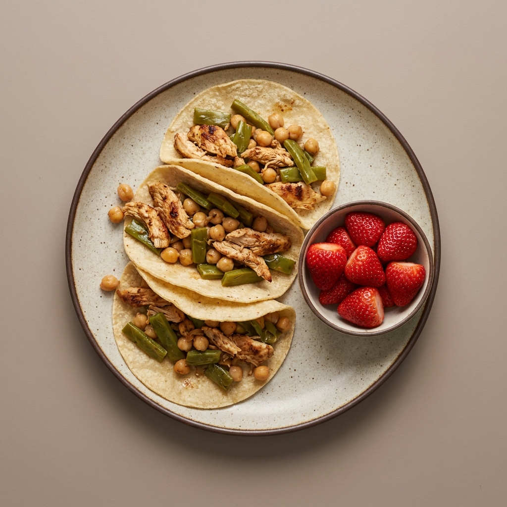 Tacos de pollo deshebrada con nopal, de postre bowl de fresa