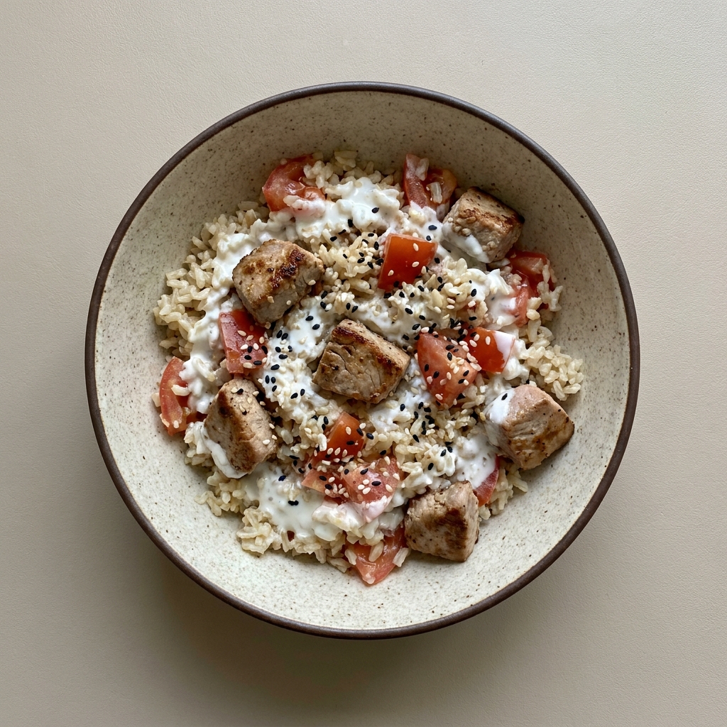 Bowl cremoso de arroz con atún, jitomate y semilla de ajonjolí