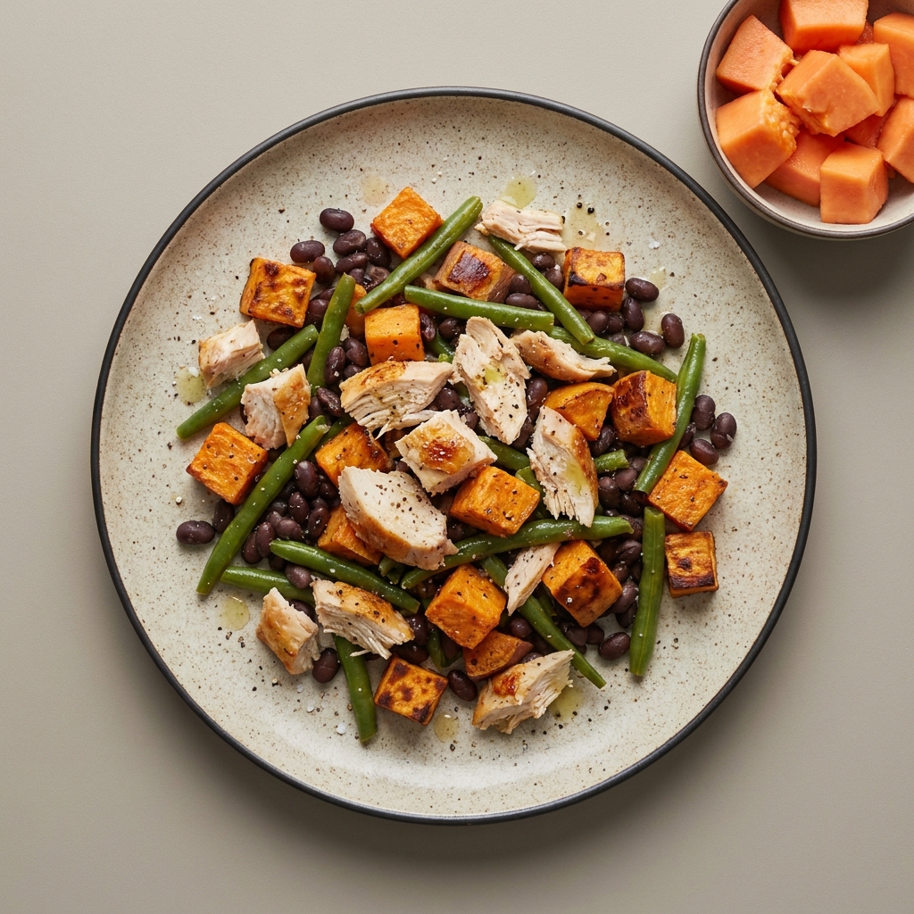 Ensalada de pollo con ejote y camote, de postre fruta