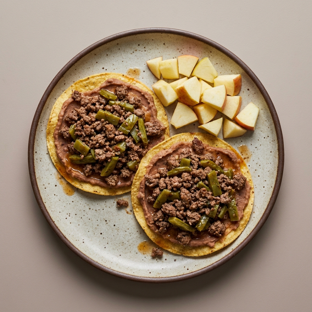 Tostadas de res molida magra con frijoles refritos y nopal, acompañado de  manzana picada