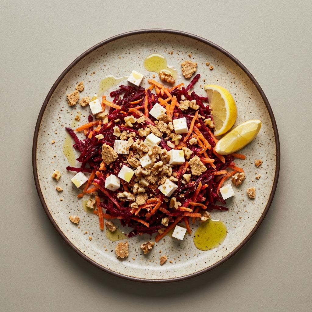 Ensalada en un bowl con queso panela con betabel, zanahoria y pepino rallado con nueces