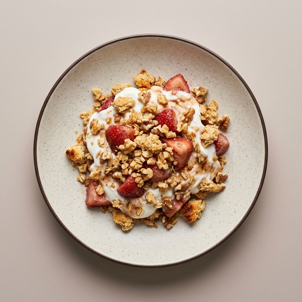 Parfait de yogurt con granola, nuez y fresa