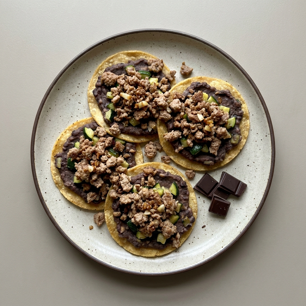 Sopes de carne molida con frijoles refritos y calabacita, de postre chocolate sin azúcar