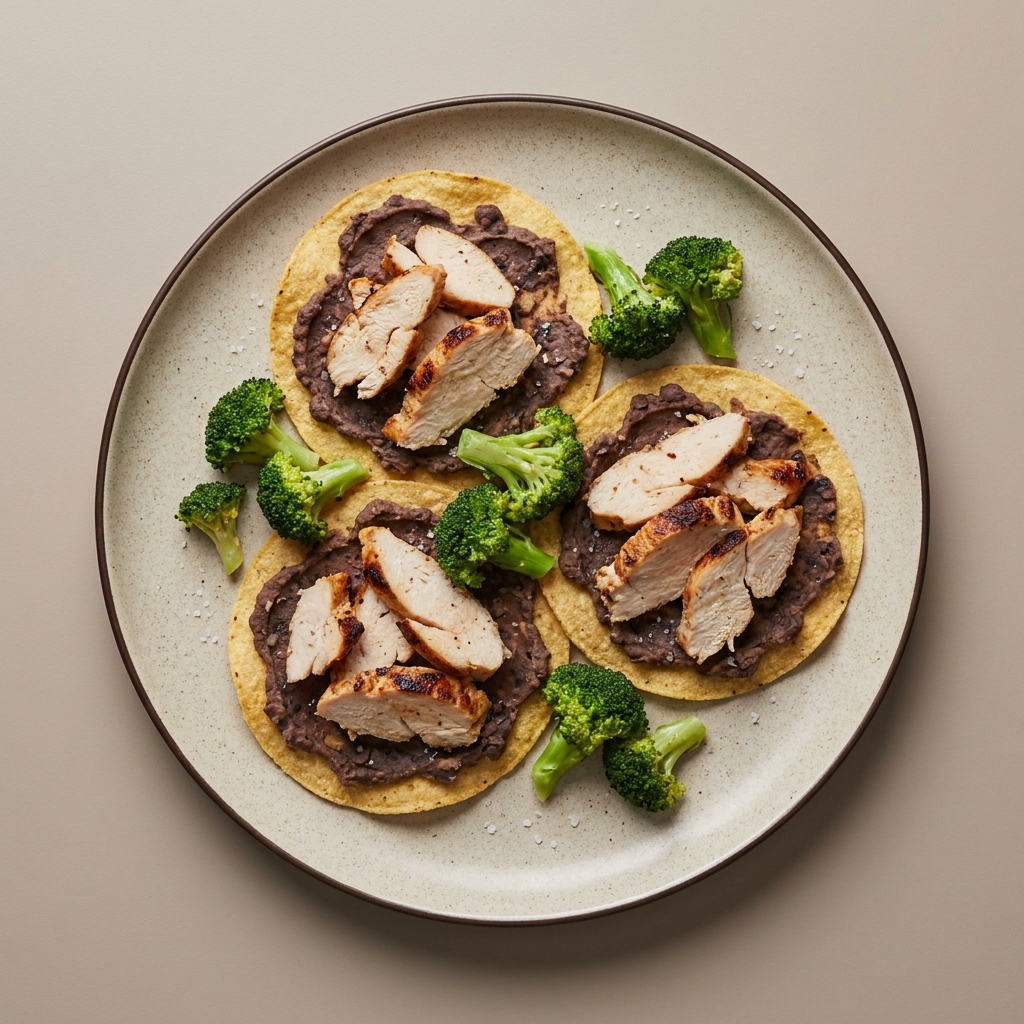 Tostadas de pechuga de pavo con frijoles, acompañado de brócoli
