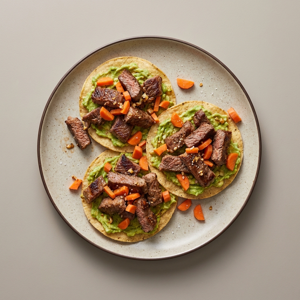Tostadas de arrachera con zanahoria y aguacate