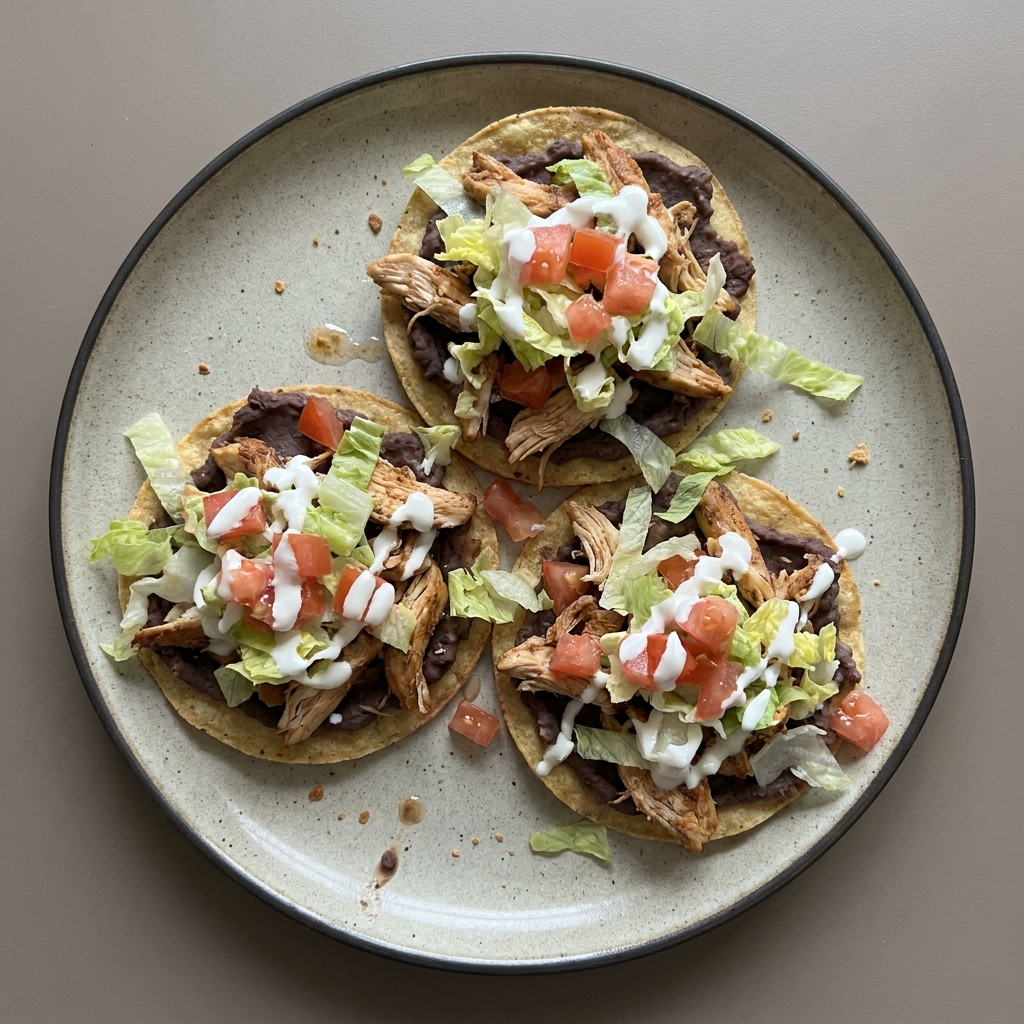 Tostadas de pechuga de pollo deshebrada con frijoles refritos