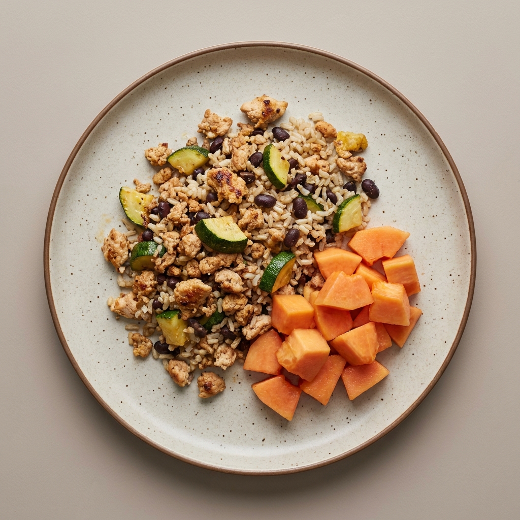 Picadillo de pollo con calabacita y arroz integral, de postre fruta
