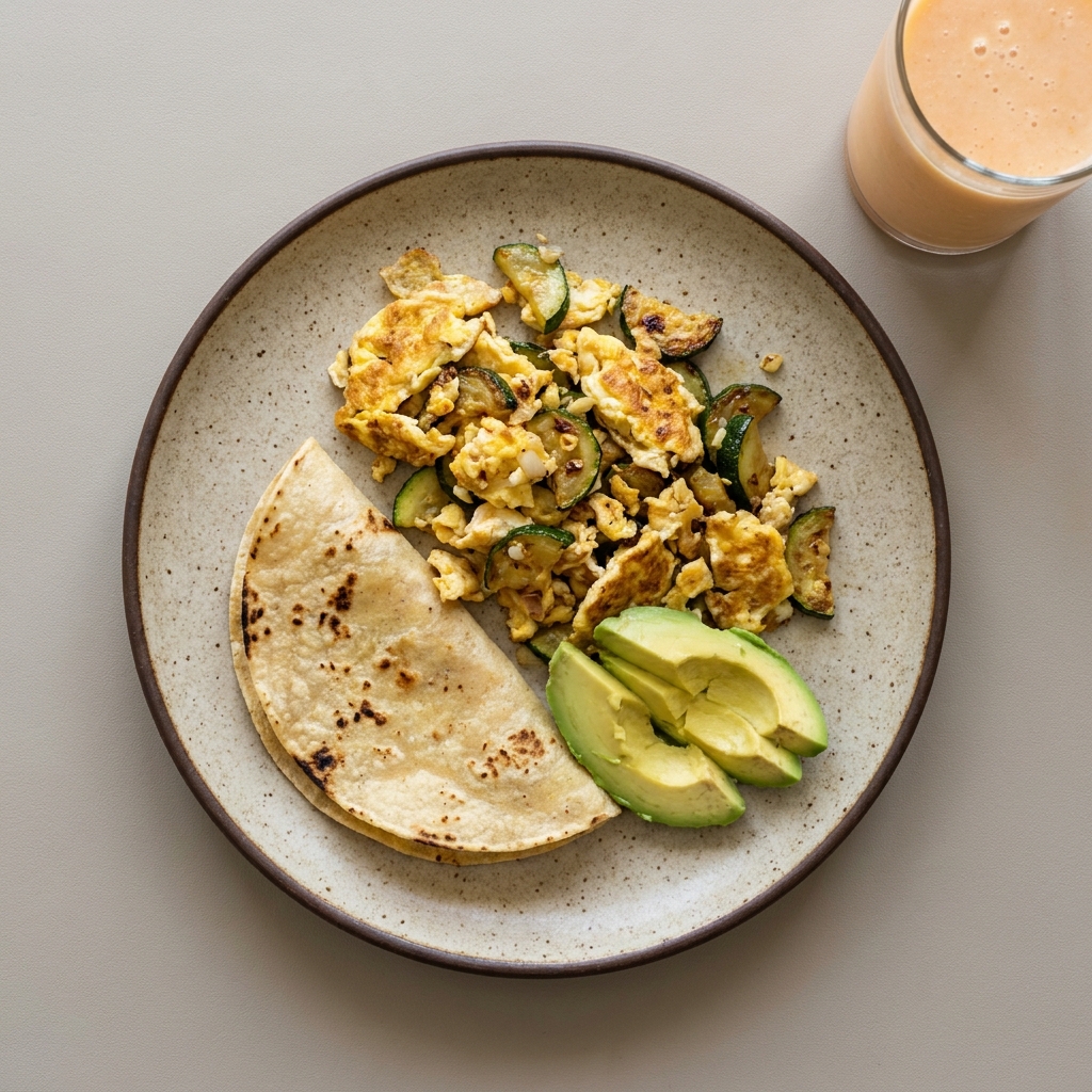 Huevo a la mexicana con calabacita y aguacate, acompañado de licuado