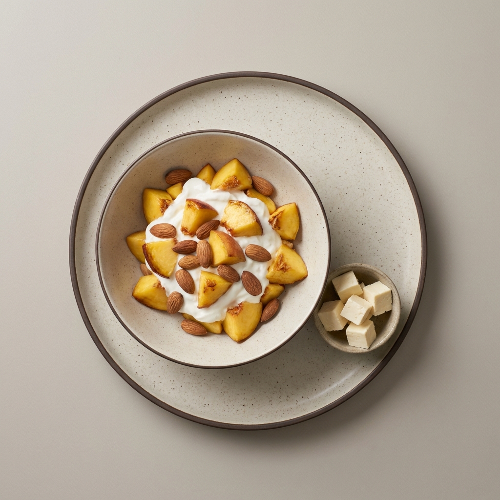 Bowl de yogurt con  durazno y almendra acompañado de queso panela