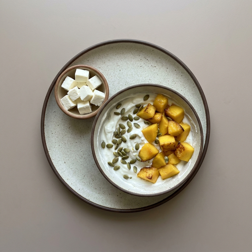 Bowl de yogurt con pepita de calabaza, y mango acompañado de queso fresco