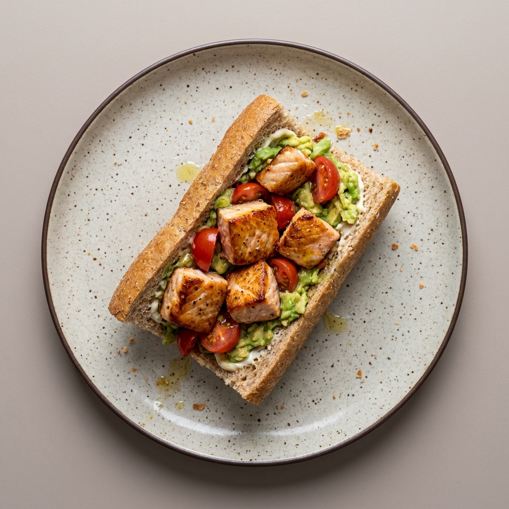 Baguette de salmon, aguacate y tomates