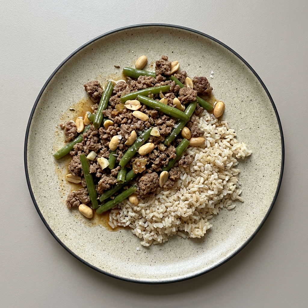 Picadillo de ternera con ejote y cacahuate, con arroz integral