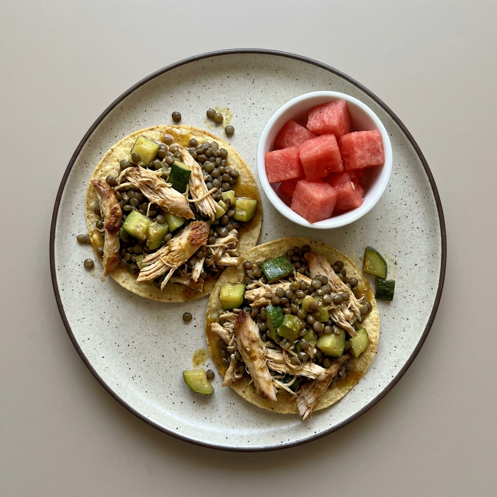 Tostadas de pechuga de pavo con calabacita y lentejas, acompañada de un bowl de sandia