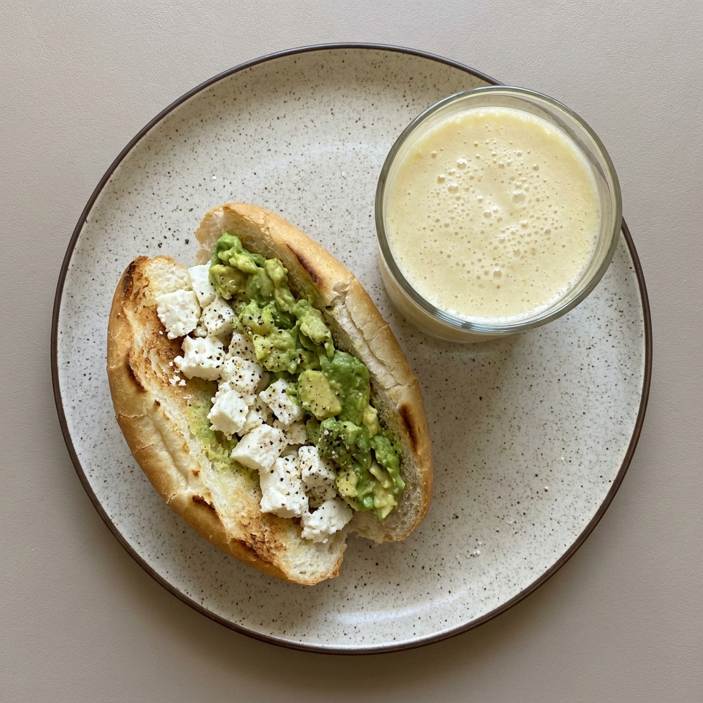 Torta de panela con aguacate y licuado de platano con leche descremada