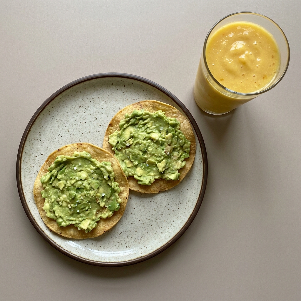 Tostadas de guacamole con licuado de mango