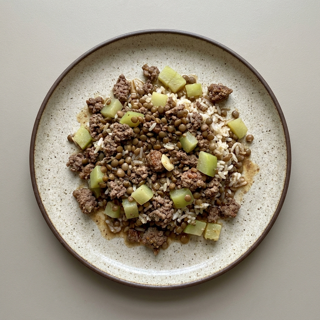 Picadillo de res con lentejas, con arroz y verdura