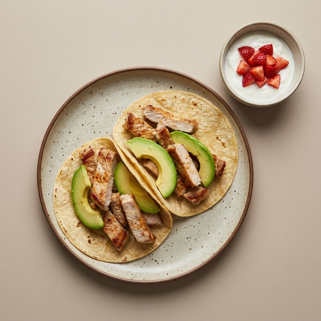 Tacos de chuleta de cerdo con aguacate acompañados de yogurt con fresa picada
