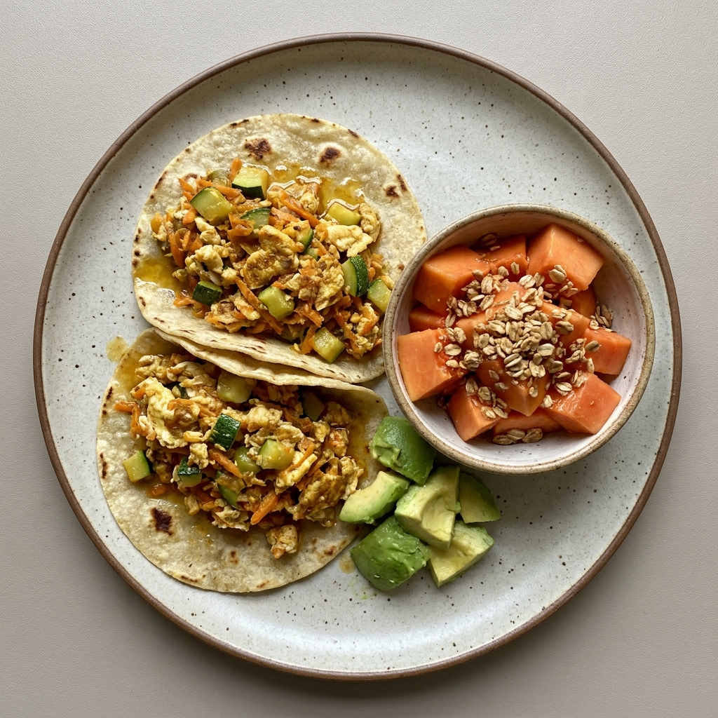 Tacos de huevo con calabaza y zanahoria con tortilla de nopal y bowl de papaya con granola