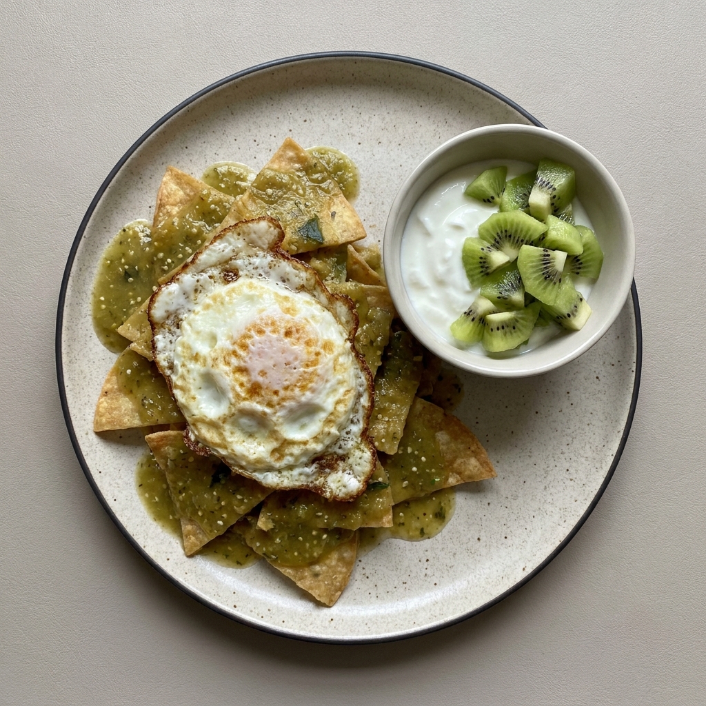 Chilaquiles verdes con huevo, con bowl de yogurt y fruta