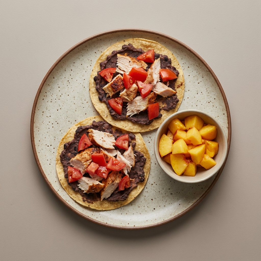 Tostadas de pechuga de pavo con jitomate y frijoles, acompaña con bowl de fruta