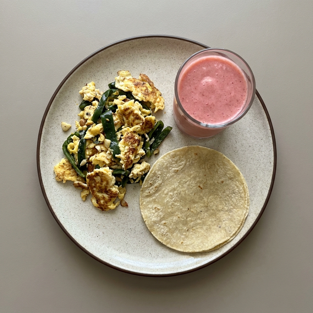 Huevo con rajas de poblano, con tortilla de maíz, y licuado de fresa