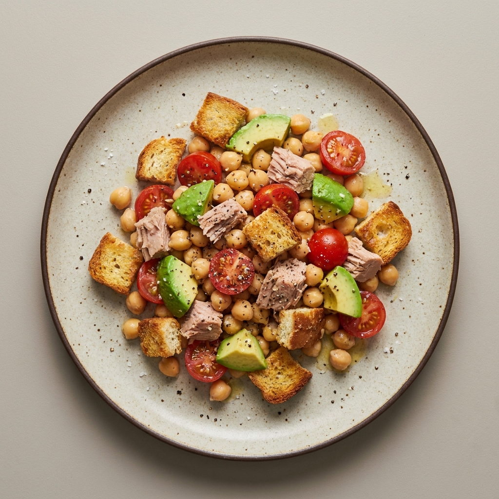 Ensalada de garbanzo con atún, jitomate, croutones y aguacate