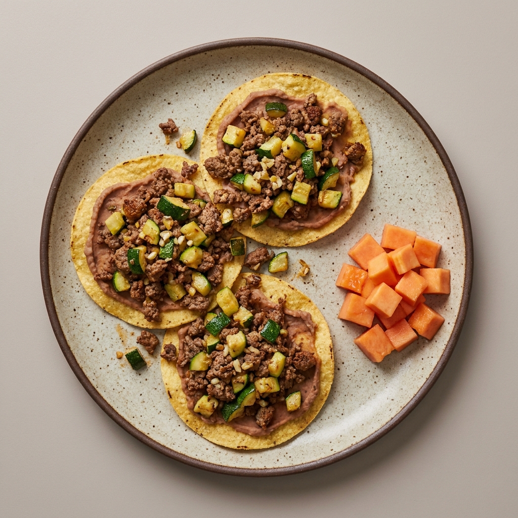 Tostadas de res con frijoles y calabacita, con papaya como postre