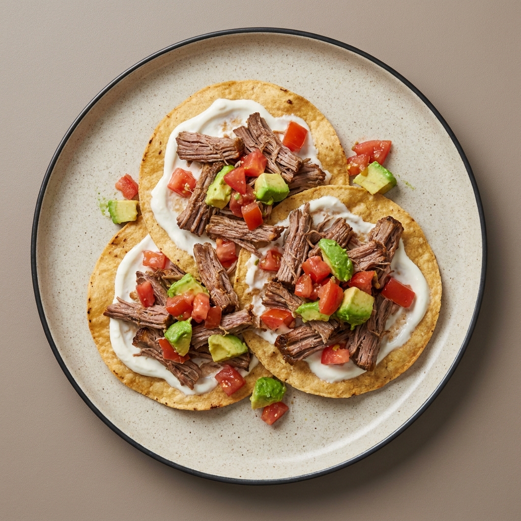 Tostadas de carne res deshebrada con jocoque, jitomate y aguacate