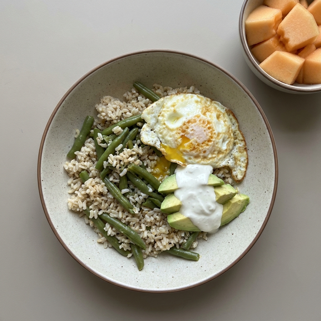 Bowl de arroz integral con huevo, ejote y aguacate con aderezo de jocoque acompañado de melón picado