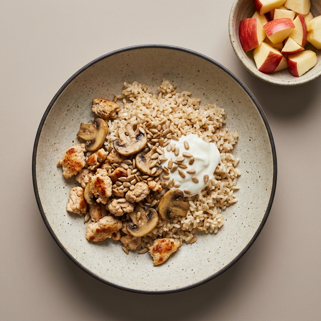 Bowl cremoso con arroz integral, pechuga de pollo molida, champiñón y semilla de girasol, acompañado de manzana picada