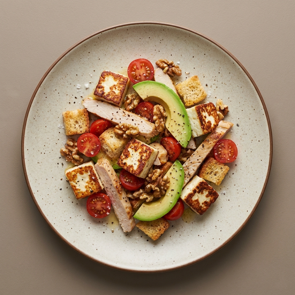 Ensalada de queso panela asada con pechuga de pavo horneada, nuez, jitomate cherry, aguacate, y croutones