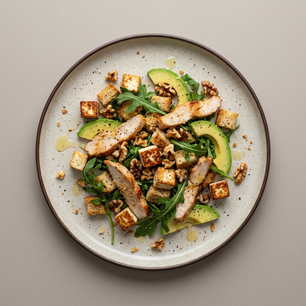 Ensalada de queso panela asada y pechuga de pavo horneada con nuez, arúgula, aguacate, y croutones