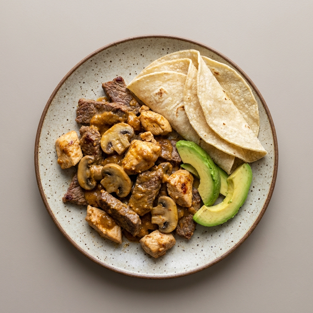 Guisado mixto de res con pollo en salsa de cacahuate con champiñón y aguacate, con tortilla de maíz