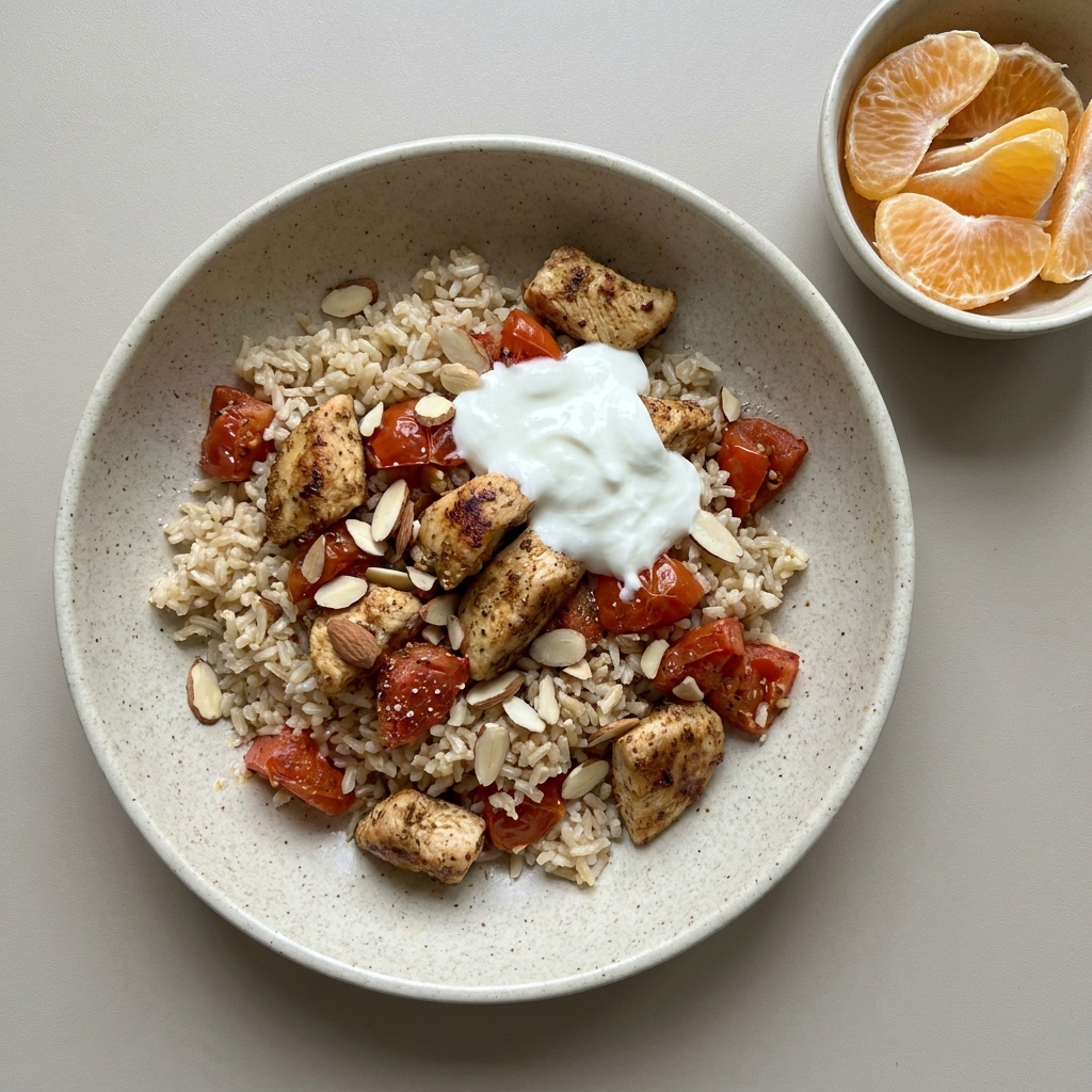 Bowl de arroz integral con pechuga de pollo con jitomate y almendra, aderezado con yogurt acompañada de naranja