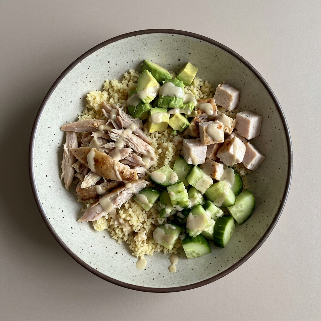 Bowl de couscous con pierna de pollo sin piel y pechuga de pavo horneada, tahini y aguacate, con pepino