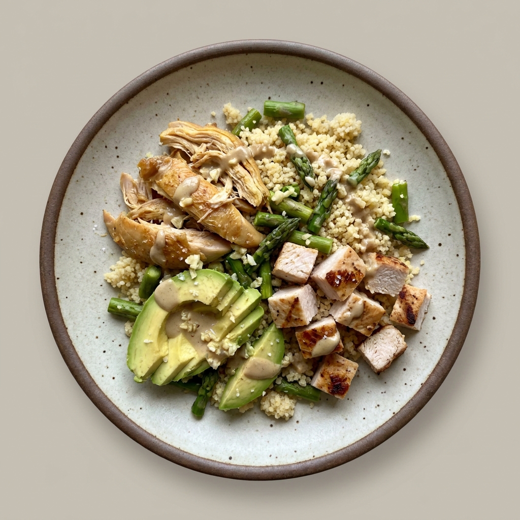 Bowl de couscous con pierna de pollo sin piel y pechuga de pavo horneada, tahini y aguacate, con espárrago