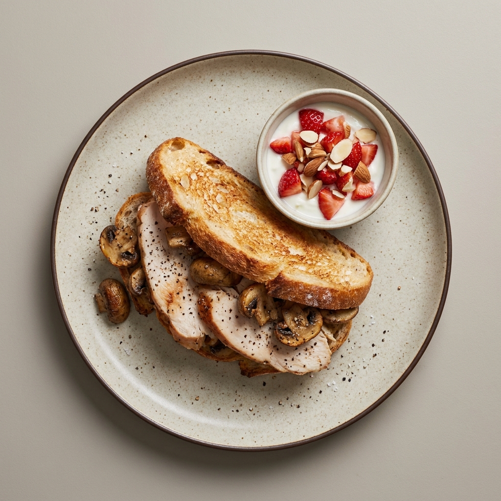 Sandwich de pechuga de pavo horneada con champiñón asado, y bowl de yogurt con fresa y almendra