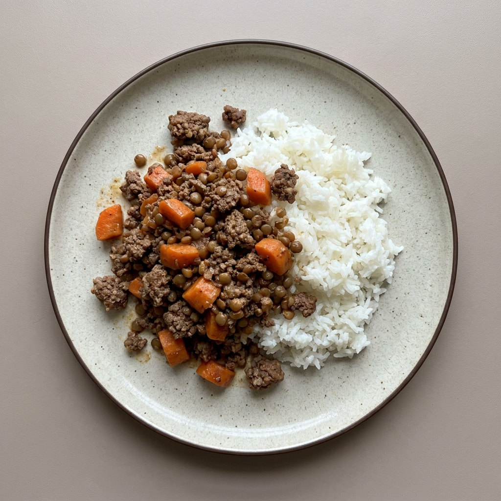 Picadillo de res con zanahoria y lenteja, acompañado de arroz