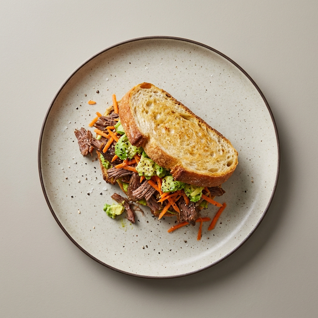Sandwich de carne res deshebrada con zanahoria y aguacate en pan de masa madre