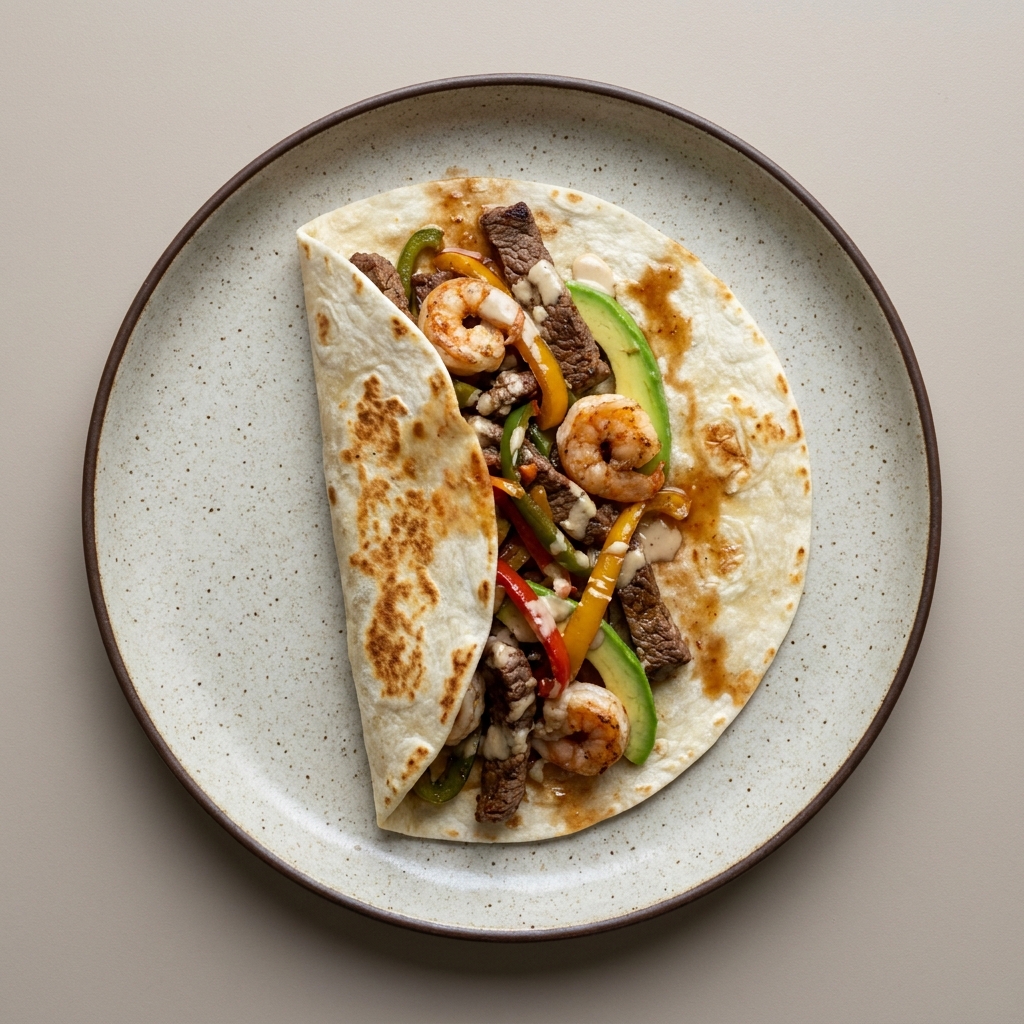 Burrito mar y tierra con pimiento de color, tahini y aguacate