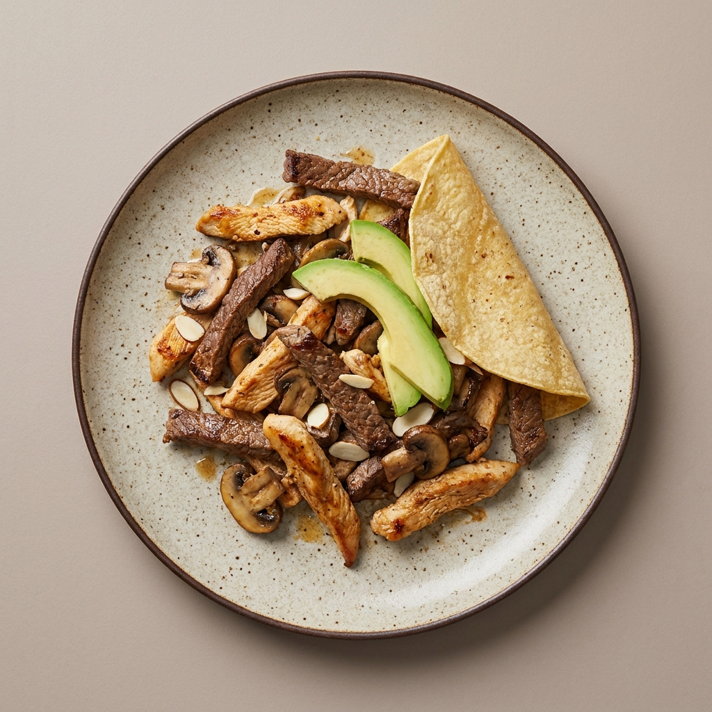 Fajitas mixtas de res y pollo con champiñón, almendra fileteada y aguacate con tortilla de maíz