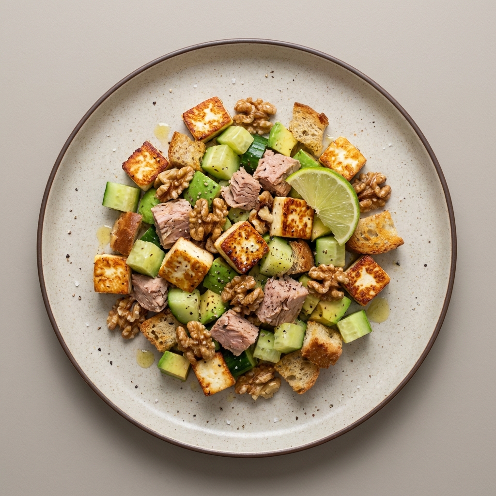 Ensalada de queso panela asado y atún con nuez, pepino, aguacate, y croutones