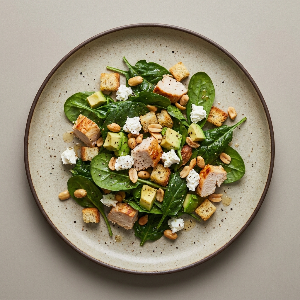 Ensalada de queso fresco de cabra y pechuga de pavo horneada con cacahuate, espinaca, aguacate, y croutones