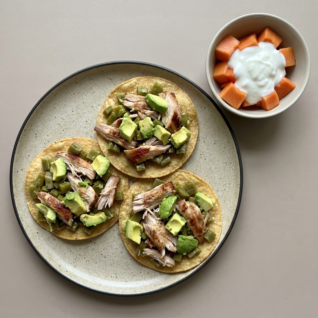 Tostadas de pechuga de pavo horneada con nopal y aguacate acompañadas de yogurt con papaya